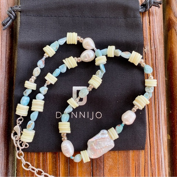 DANNIJO Riviera Freshwater Pearl, Heishi, & Larimar Beaded Necklace NWT - Picture 12 of 14